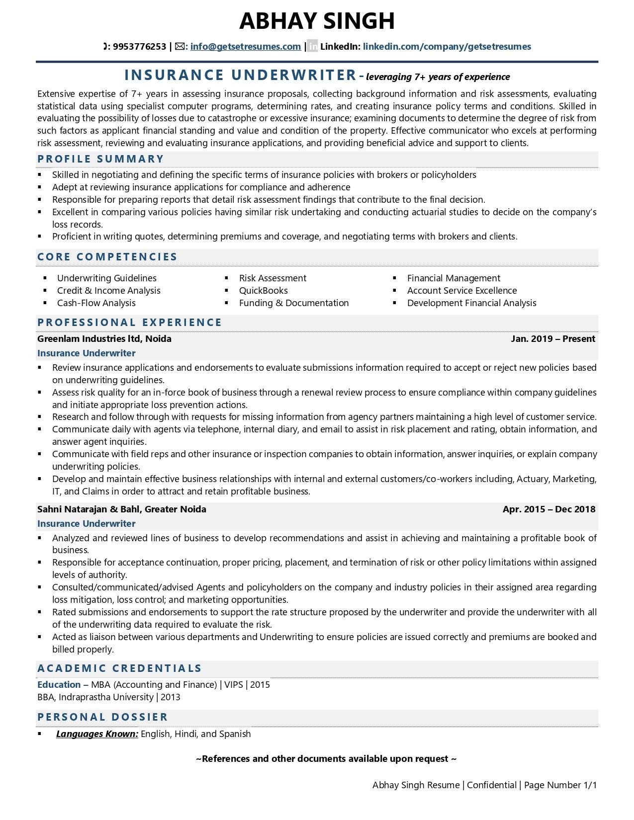 Read more about the article Insurance Underwriter Resume Example (100% FREE Ideas)