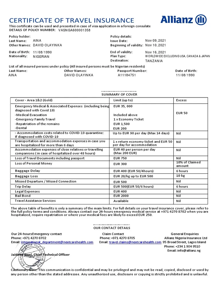 travel insurance certificate template, travel insurance certificate sample, travel health insurance certificate